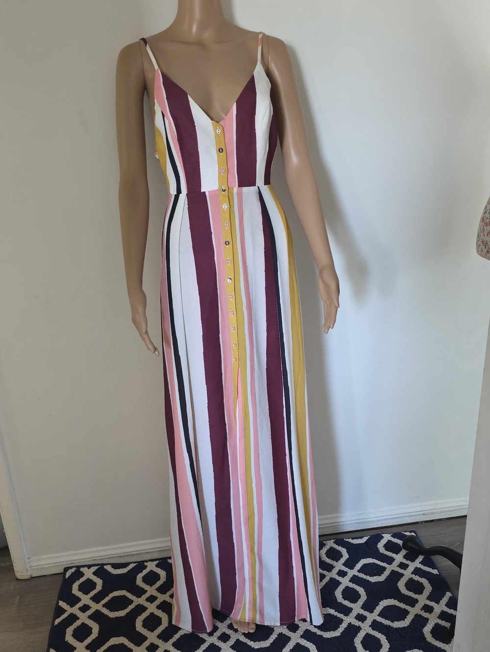 Striped V-Neck Maxi Dress in Pink, Burgundy & Yellow